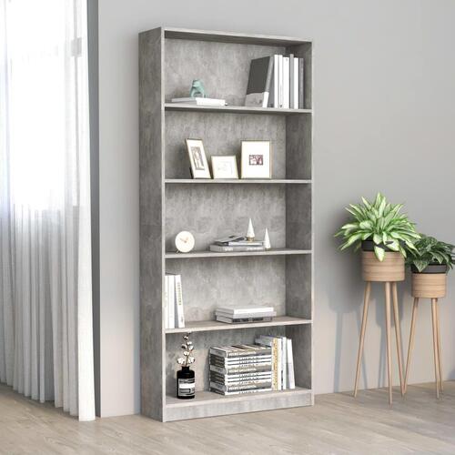 Bogreol med 5 hylder 80x24x175 cm konstrueret træ betongrå