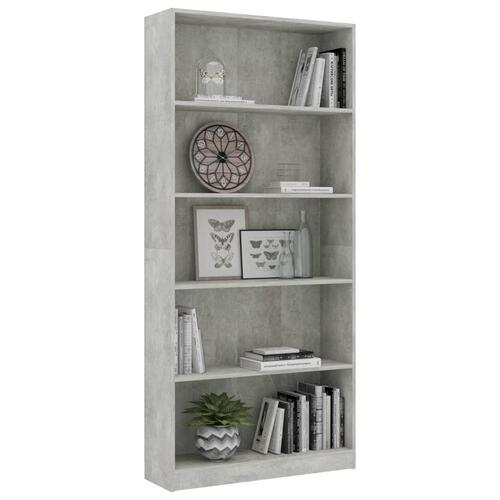 Bogreol med 5 hylder 80x24x175 cm konstrueret træ betongrå