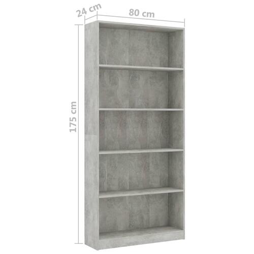 Bogreol med 5 hylder 80x24x175 cm konstrueret træ betongrå