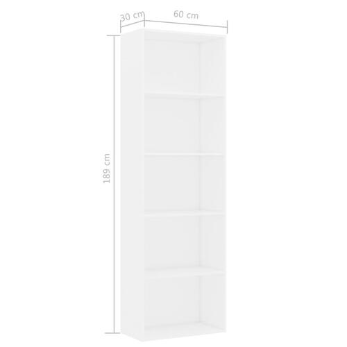 Bogreol med 5 hylder 60x30x189 cm konstrueret træ hvid