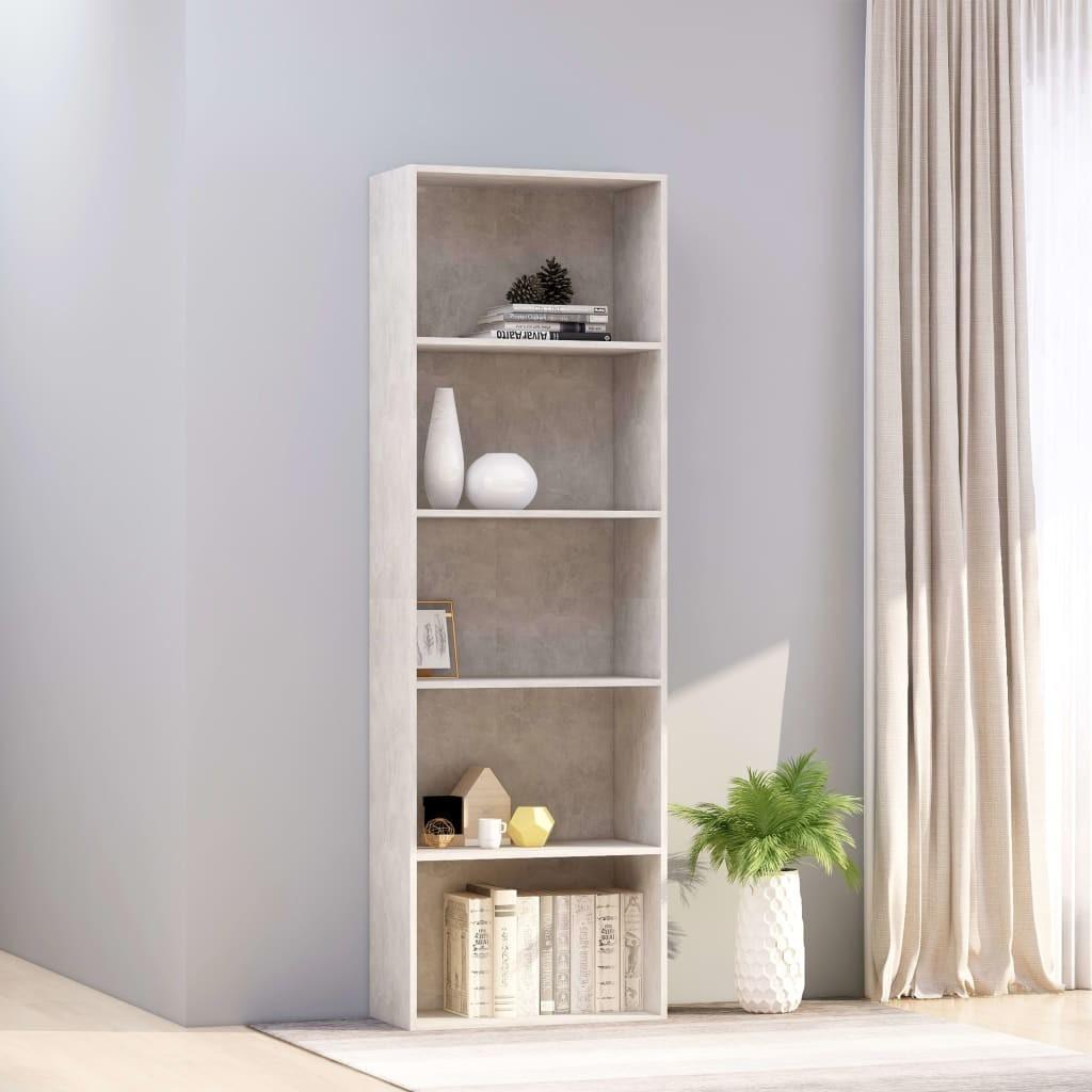 Bogreol med 5 hylder 60x30x189 cm konstrueret træ betongrå
