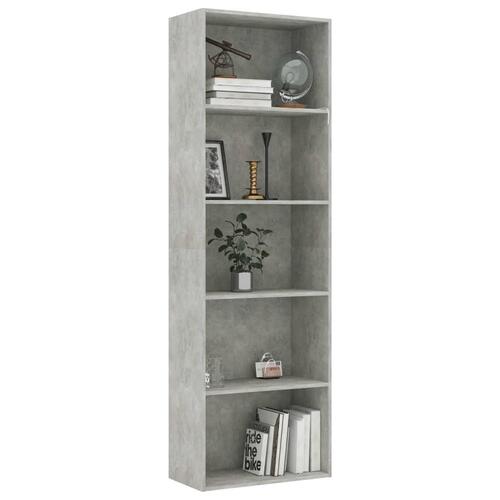 Bogreol med 5 hylder 60x30x189 cm konstrueret træ betongrå