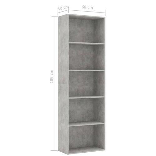 Bogreol med 5 hylder 60x30x189 cm konstrueret træ betongrå