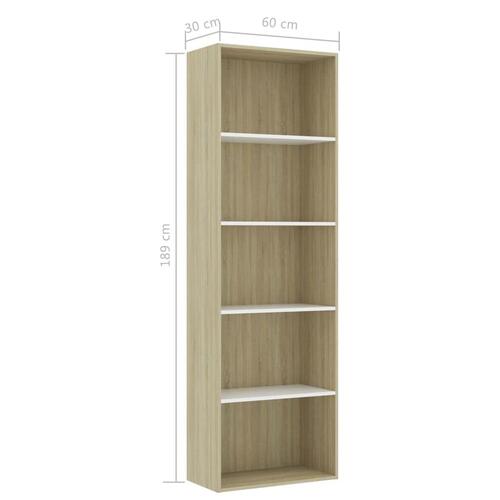 Bogreol med 5 hylder 60x30x189 cm konstrueret træ hvid og eg