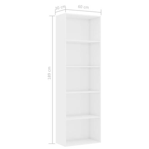 Bogreol med 5 hylder 60 x 30 x 189 cm spånplade hvid højglans
