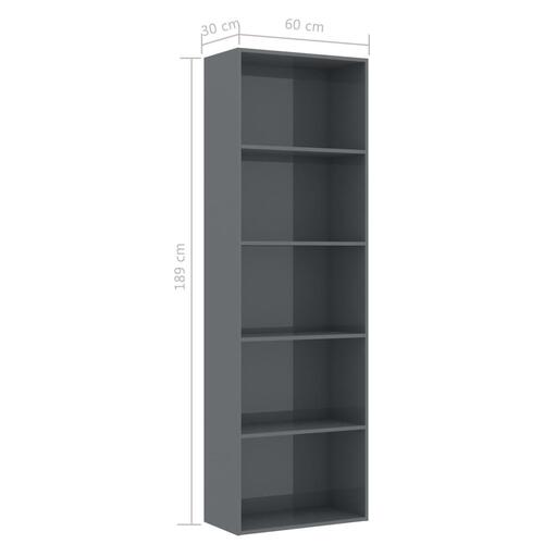 Bogreol med 5 hylder 60 x 30 x 189 cm spånplade grå højglans