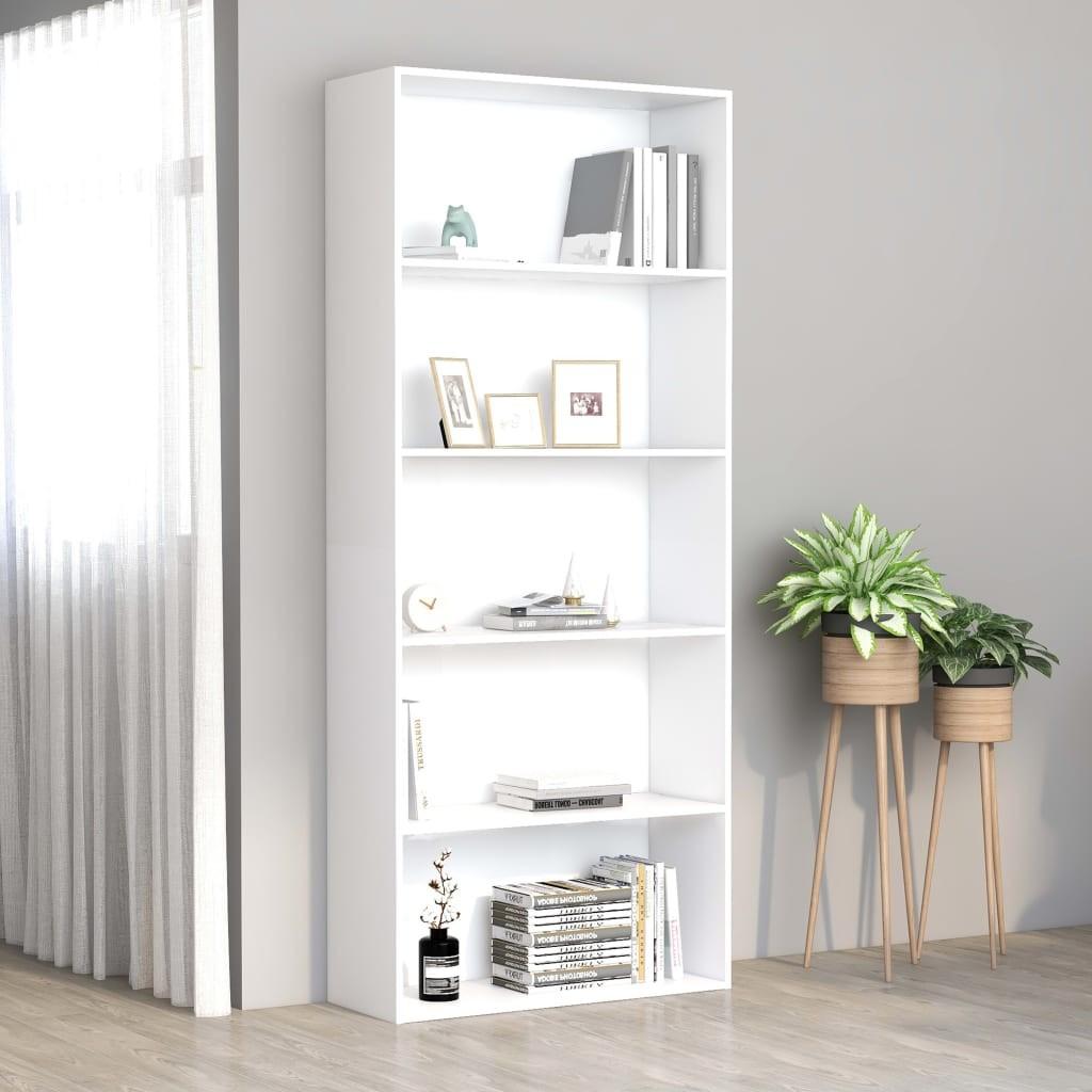Bogreol med 5 hylder 80x30x189 cm konstrueret træ hvid