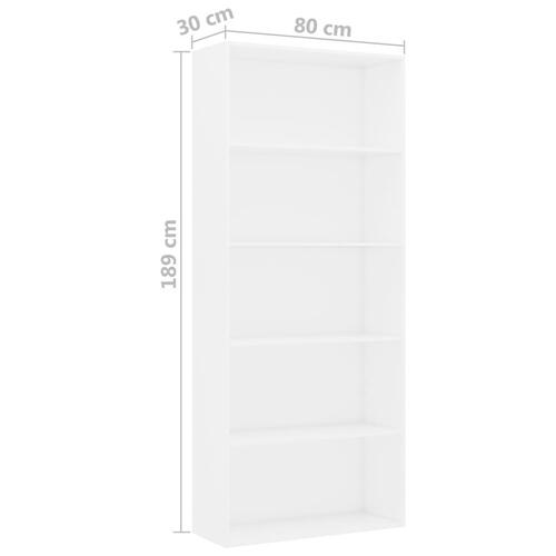 Bogreol med 5 hylder 80x30x189 cm konstrueret træ hvid