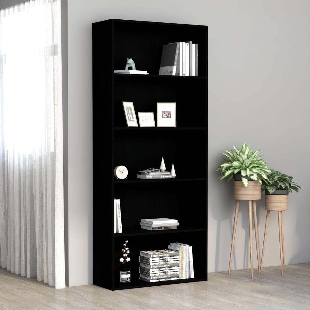 Bogreol med 5 hylder 80x30x189 cm konstrueret træ sort