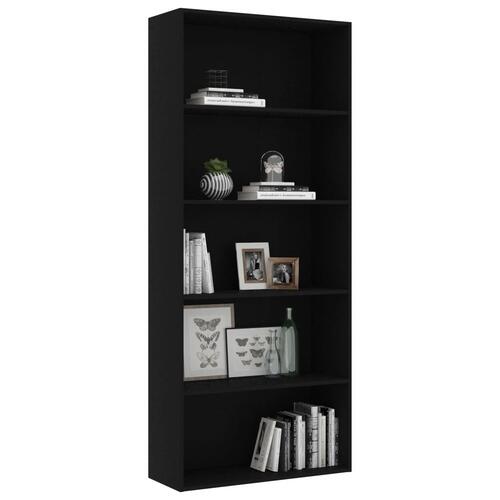 Bogreol med 5 hylder 80x30x189 cm konstrueret træ sort