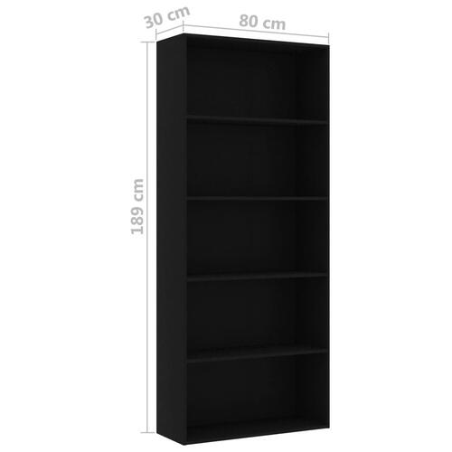 Bogreol med 5 hylder 80x30x189 cm konstrueret træ sort