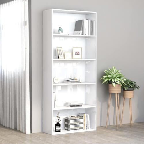 Bogreol med 5 hylder 80x30x189 cm konstrueret træ hvid højglans