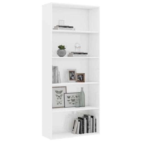 Bogreol med 5 hylder 80x30x189 cm konstrueret træ hvid højglans