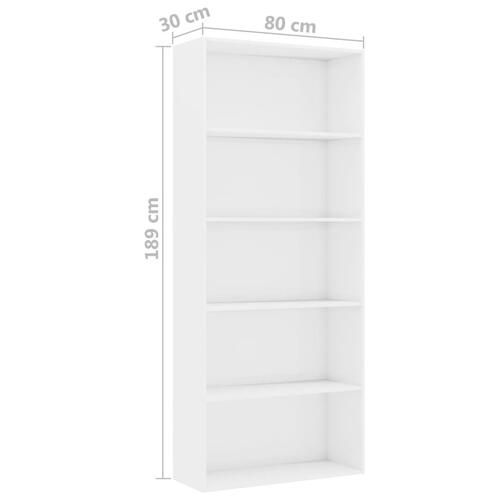 Bogreol med 5 hylder 80x30x189 cm konstrueret træ hvid højglans