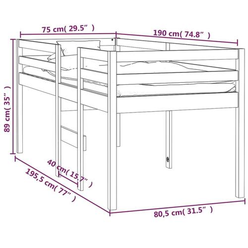 Højseng 75x190 cm massivt fyrretræ