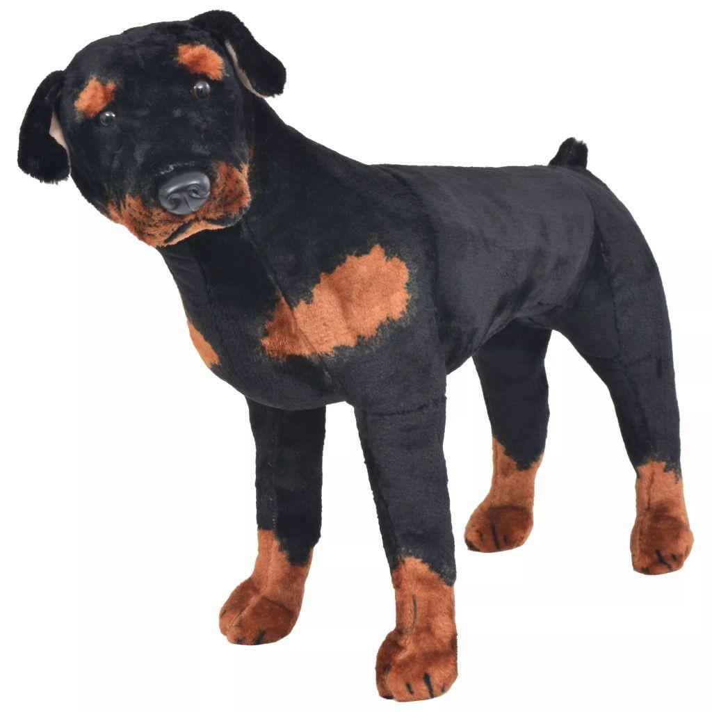 Stående tøjdyr rottweiler plysstof XXL sort og brun