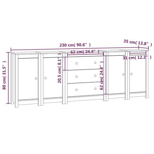 Skænk 230x35x80 cm massivt fyrretræ sort