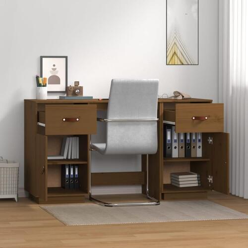 Skrivebord med skabe 135x50x75 cm massivt fyrretræ gyldenbrun