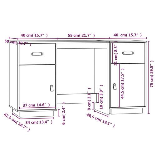 Skrivebord med skabe 135x50x75 cm massivt fyrretræ gyldenbrun
