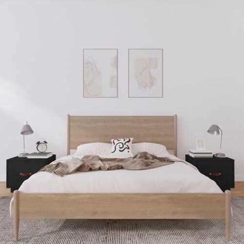 Sengeborde 2 stk. 40x34x35 cm massivt fyrretræ sort