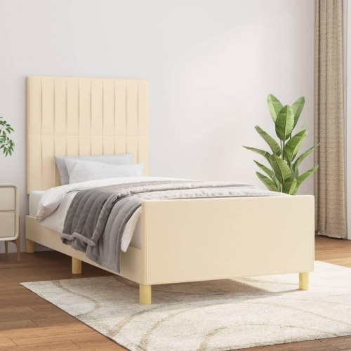 Sengeramme med sengegavl 90x190 cm - stof, cremefarvet