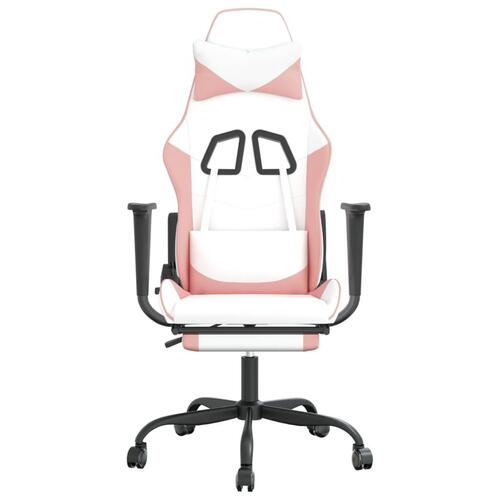 Gamingstol m. massage og fodstøtte kunstlæder hvid og lyserød