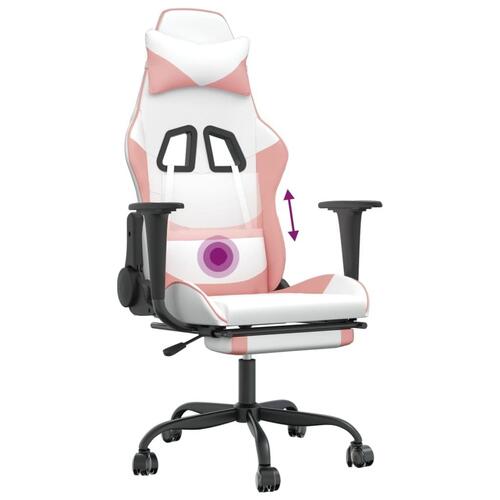 Gamingstol m. massage og fodstøtte kunstlæder hvid og lyserød