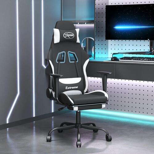 Gamingstol med massagefunktion + fodstøtte stof sort og hvid