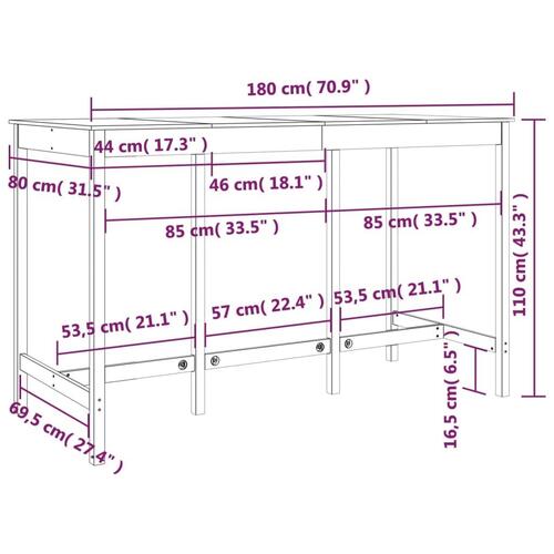 Barbord 180x80x110 cm massivt fyrretræ hvid