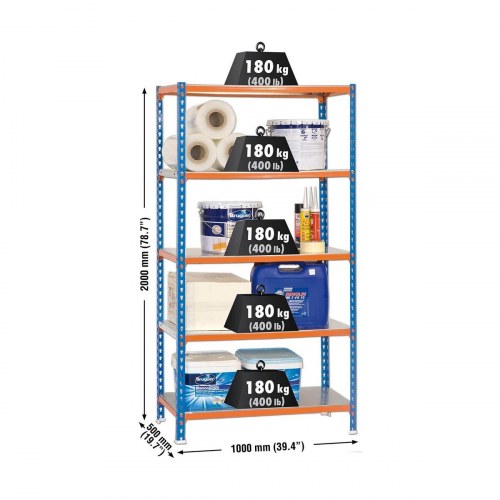Simon Rack Simonclick Plus reol 5 hylder, metal, 200 × 100 × 50 cm, blå/orange
