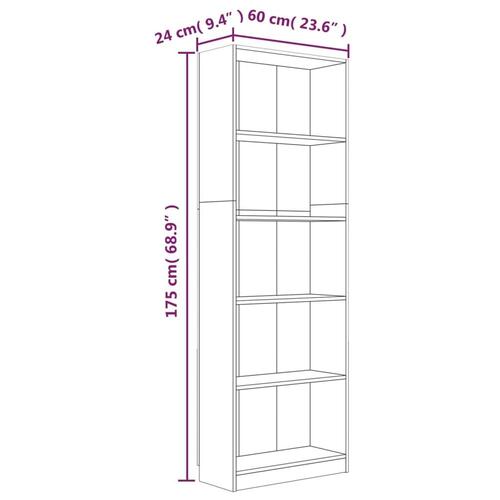 Bogreol m. 5 hylder 60x24x175 cm konstrueret træ røget egetræ