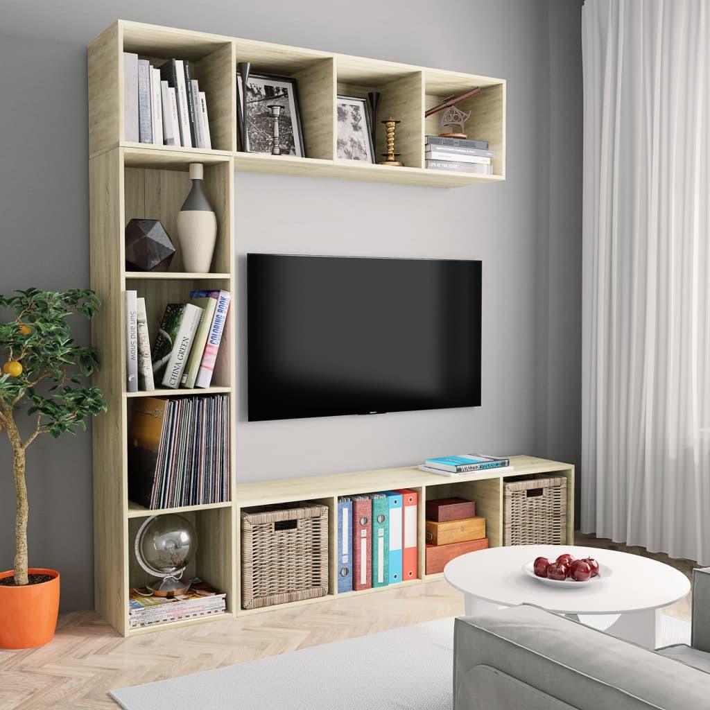 Bogskab/tv-skabssæt i 3 dele 180 x 30 x 180 cm sonoma-eg
