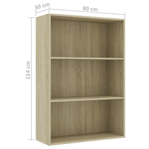 Bogreol med 3 hylder 80x30x114 cm konstrueret træ sonoma-eg