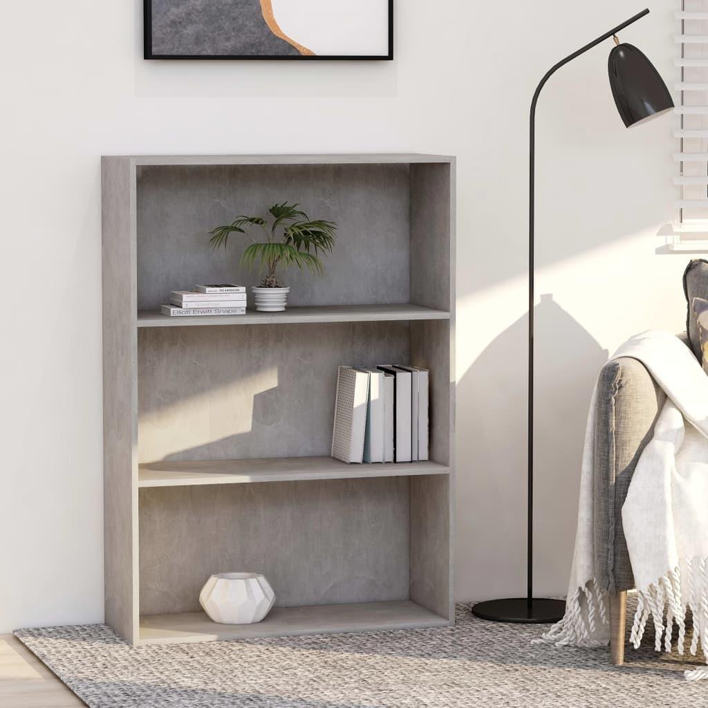Bogreol med 3 hylder 80x30x114 cm konstrueret træ betongrå