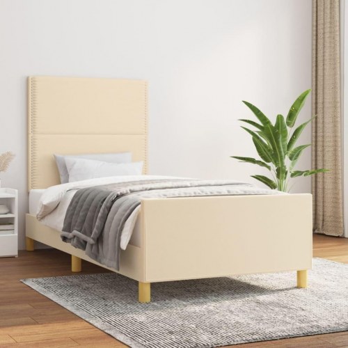 Sengeramme med sengegavl 90x190 cm - stof, cremefarvet