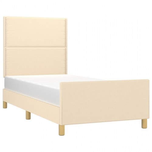Sengeramme med sengegavl 90x190 cm - stof, cremefarvet