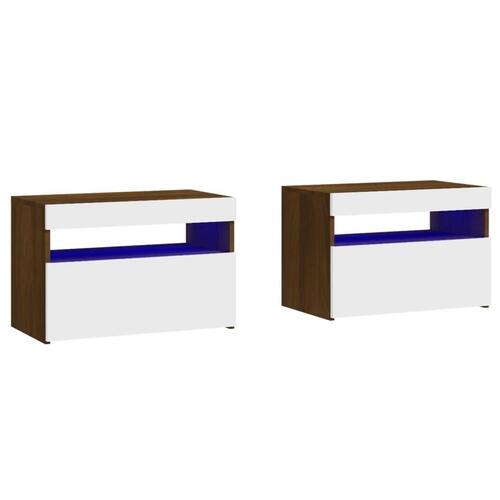 Sengeborde 2 stk. med LED-lys 60x35x40 cm brun egetræsfarve