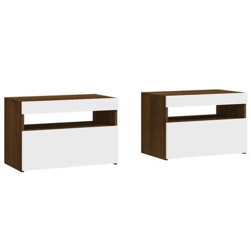 Sengeborde 2 stk. med LED-lys 60x35x40 cm brun egetræsfarve