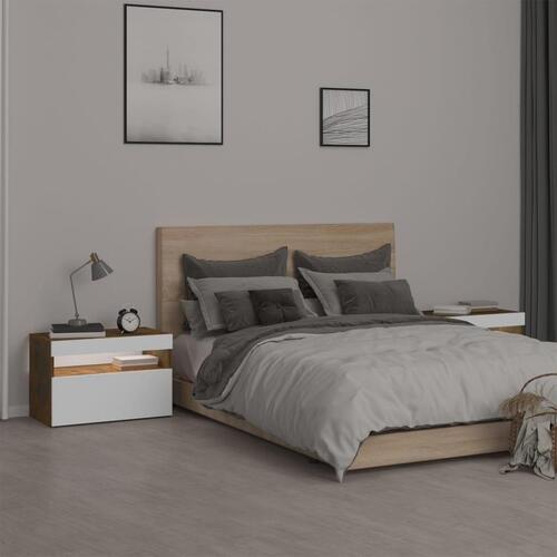 Sengeborde 2 stk. med LED-lys 60x35x40 cm røget egetræsfarve