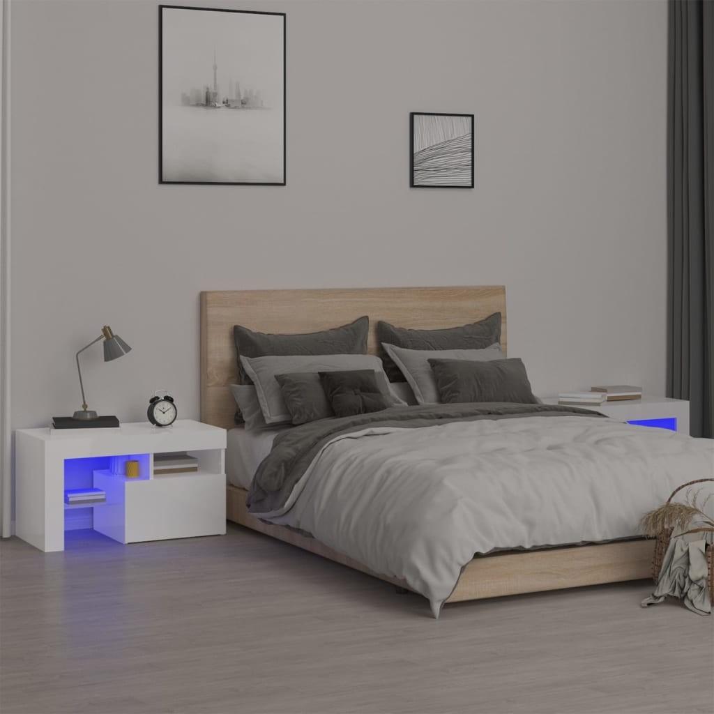 Sengeborde 2 stk. med LED-lys højglans 70x36,5x40 cm hvid