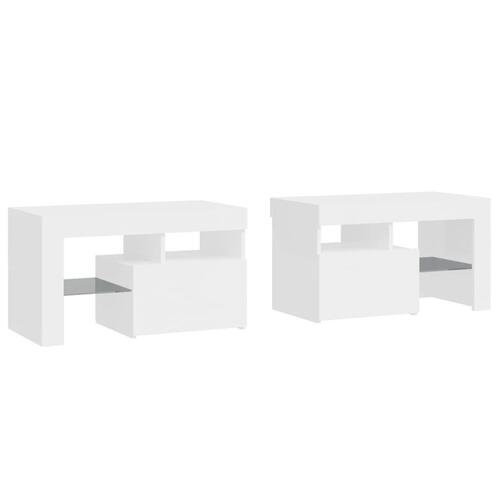 Sengeborde 2 stk. med LED-lys højglans 70x36,5x40 cm hvid