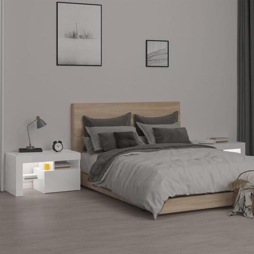 Sengeborde 2 stk. med LED-lys højglans 70x36,5x40 cm hvid