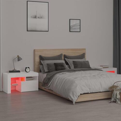 Sengeborde 2 stk. med LED-lys højglans 70x36,5x40 cm hvid