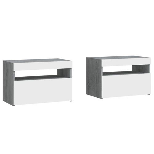 Sengeborde 2 stk. med LED-lys 60x35x40 cm grå sonoma-eg