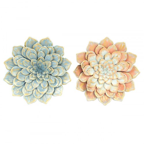 Vægdekoration - Blomst, blå/orange, shabby chic (2 stk.) 61 × 61 cm
