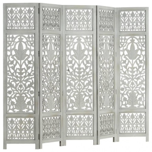 5-panels rumdeler - håndskåret 200 × 165 cm i massivt mangotræ, grå