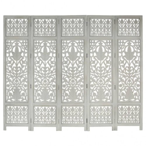 5-panels rumdeler - håndskåret 200 × 165 cm i massivt mangotræ, grå