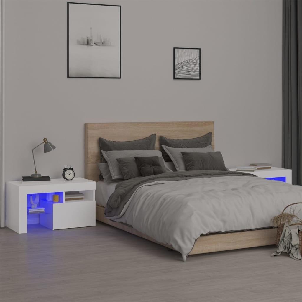 Sengeborde 2 stk. med LED-lys 70x36,5x40 cm hvid