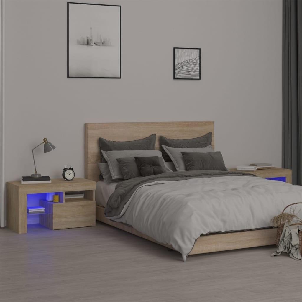 Sengeborde 2 stk. med LED-lys 70x36,5x40 cm sonoma-eg