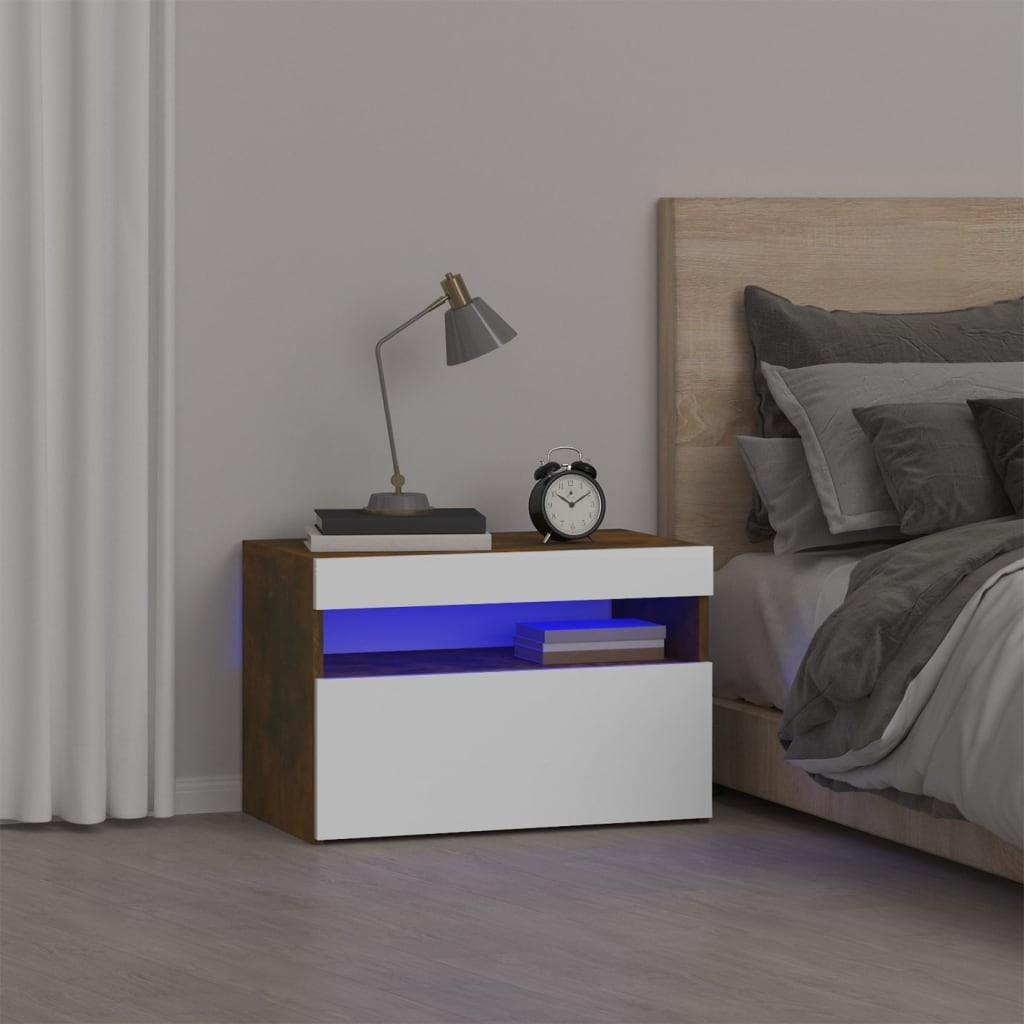 Sengebord med LED-lys 60x35x40 cm røget egetræsfarve